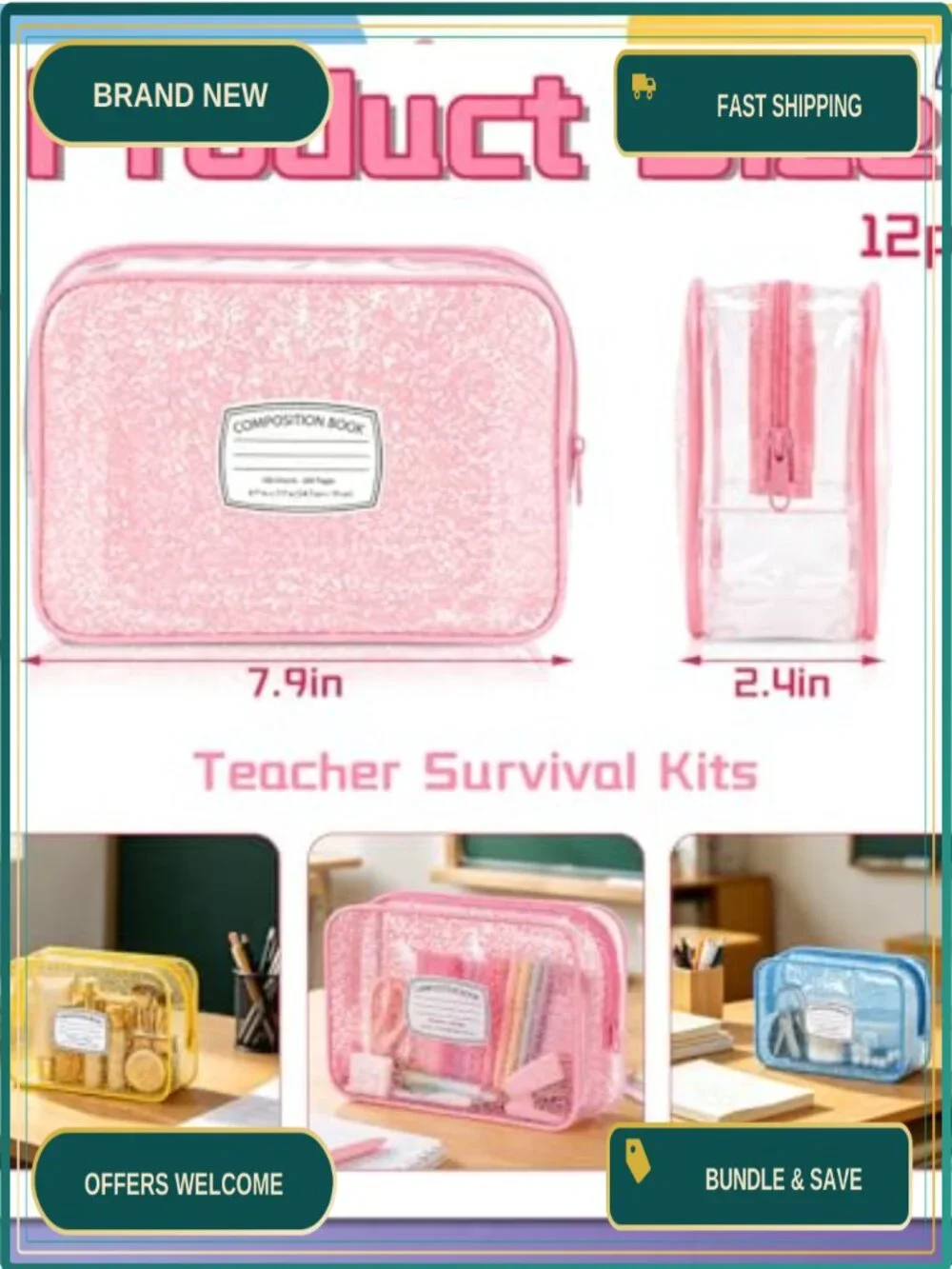 Set of 12 Clear PVC Zipper Cosmetic Bags, Composition Book Design, Waterproof